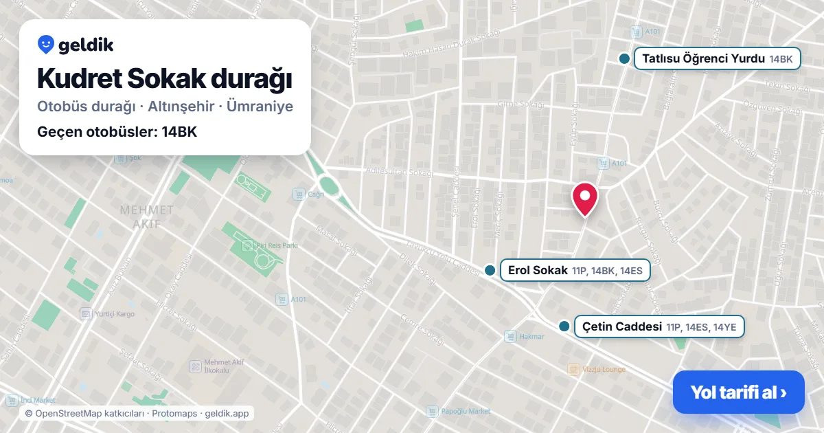 Kudret Sokak otobüs durağı haritada: konumu ve yakındaki duraklar