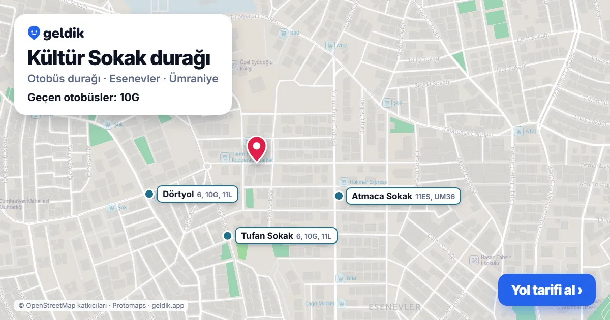 Kültür Sokak otobüs durağı haritada: konumu ve yakındaki duraklar