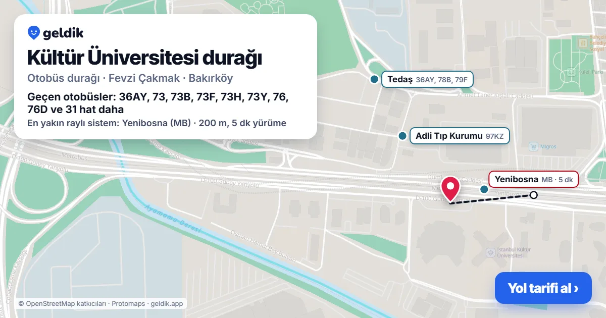 Kültür Üniversitesi otobüs durağı haritada: konumu ve yakındaki duraklar