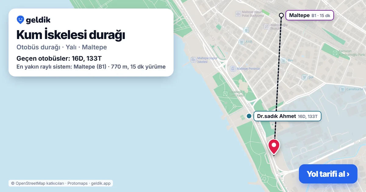 Kum İskelesi otobüs durağı haritada: konumu ve yakındaki duraklar