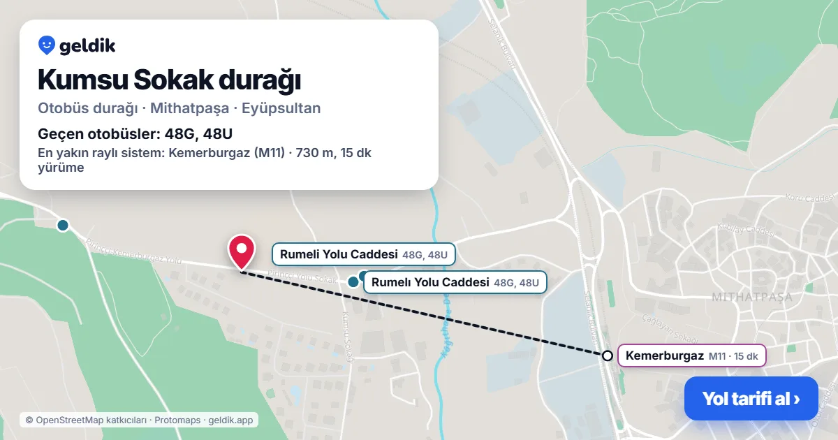 Kumsu Sokak otobüs durağı haritada: konumu ve yakındaki duraklar