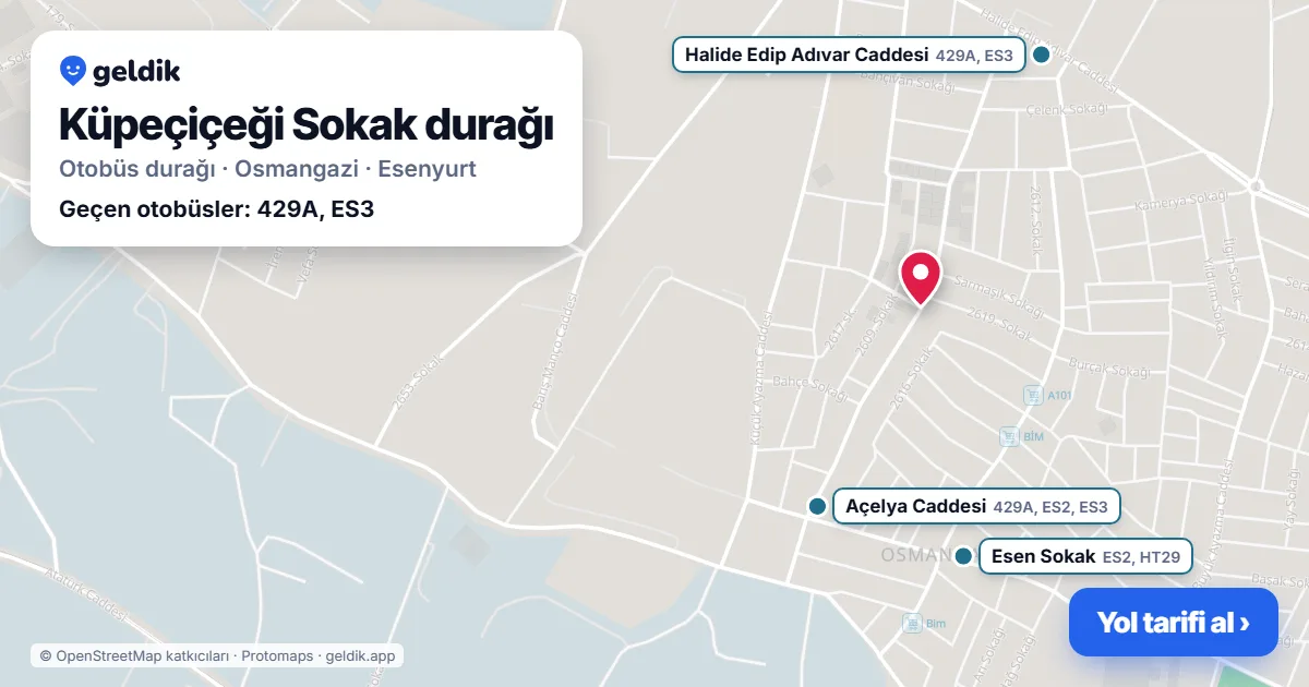 Küpeçiçeği Sokak otobüs durağı haritada: konumu ve yakındaki duraklar
