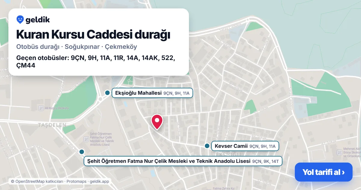 Kuran Kursu Caddesi otobüs durağı haritada: konumu ve yakındaki duraklar