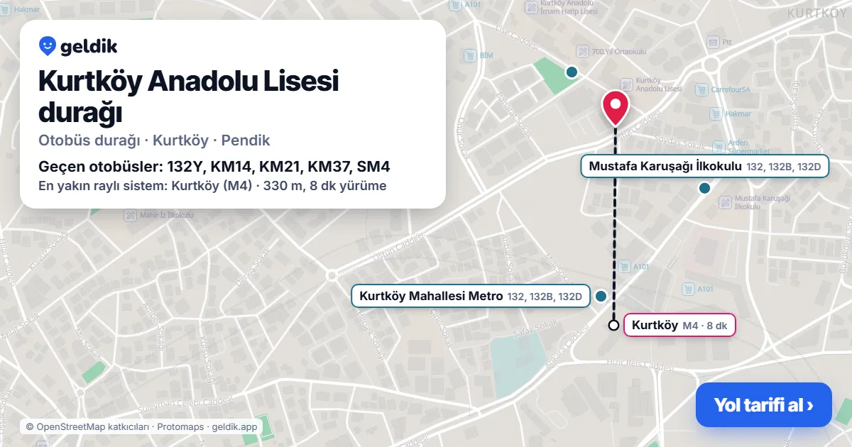 Kurtköy Anadolu Lisesi otobüs durağı haritada: konumu ve yakındaki duraklar