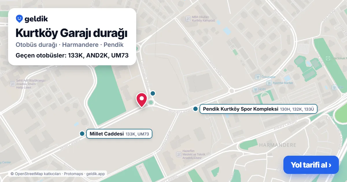 Kurtköy Garajı otobüs durağı haritada: konumu ve yakındaki duraklar