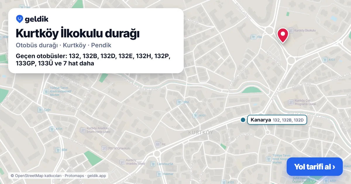 Kurtköy İlkokulu otobüs durağı haritada: konumu ve yakındaki duraklar
