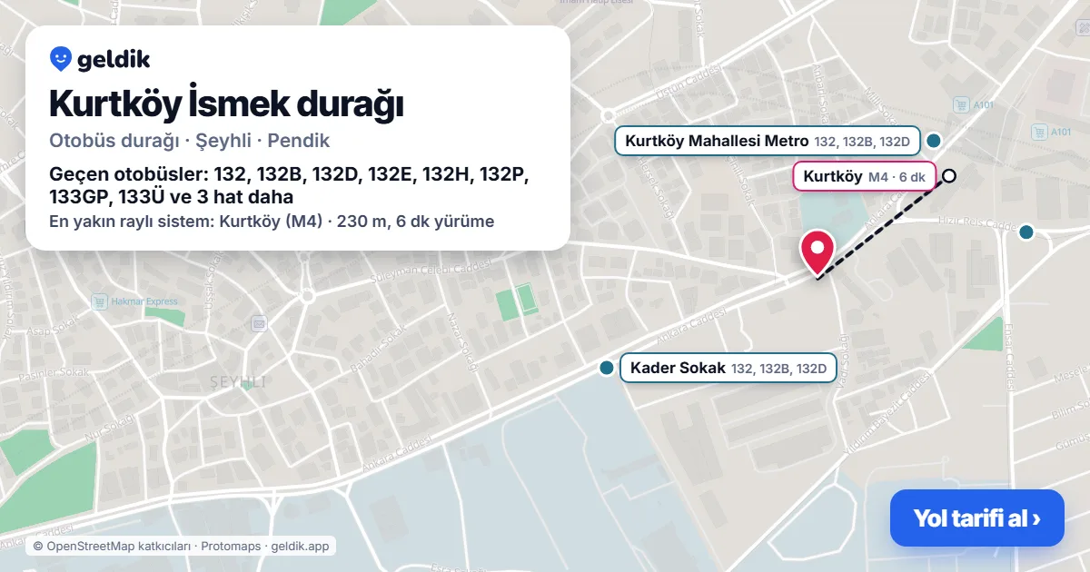 Kurtköy İsmek otobüs durağı haritada: konumu ve yakındaki duraklar