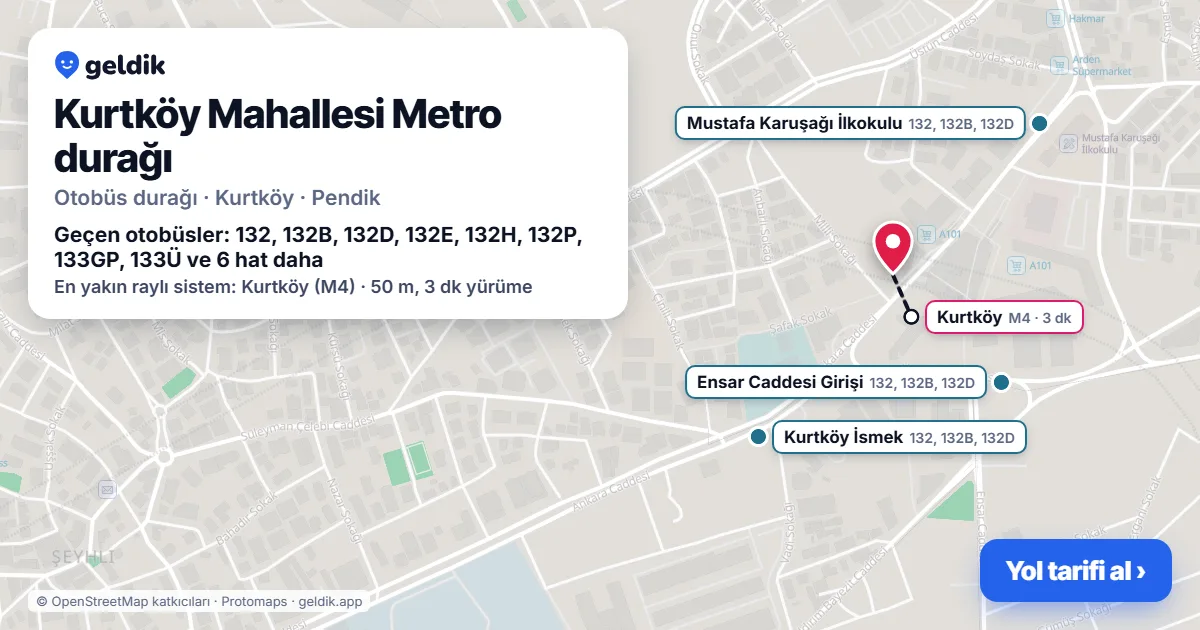 Kurtköy Mahallesi Metro otobüs durağı haritada: konumu ve yakındaki duraklar