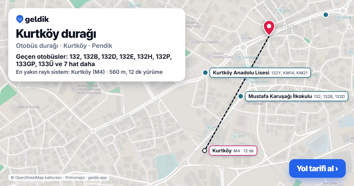 Kurtköy otobüs durağı haritada: konumu ve yakındaki duraklar