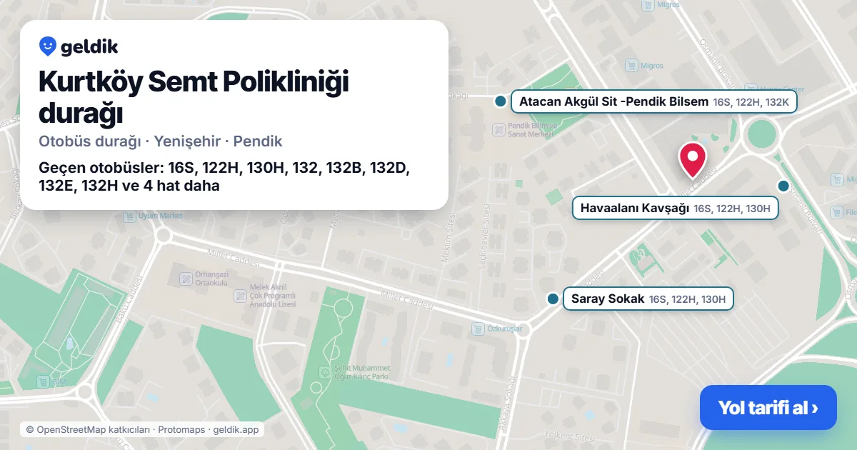 Kurtköy Semt Polikliniği otobüs durağı haritada: konumu ve yakındaki duraklar
