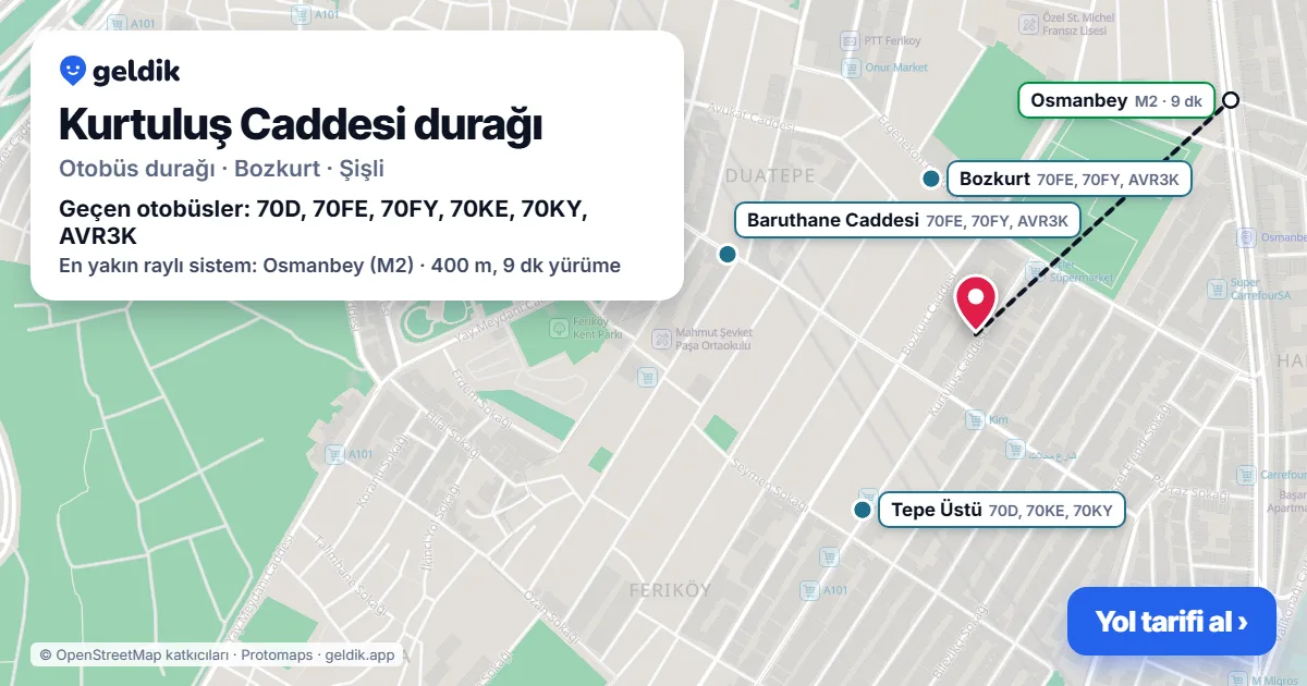 Kurtuluş Caddesi otobüs durağı haritada: konumu ve yakındaki duraklar