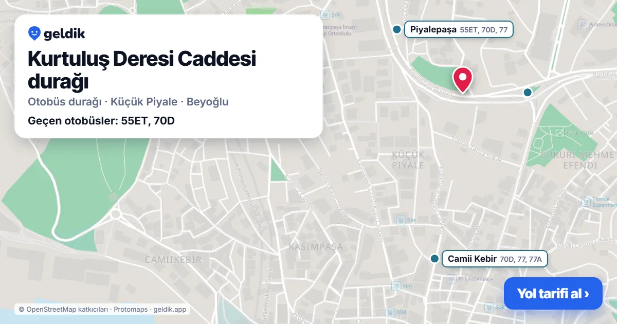 Kurtuluş Deresi Caddesi otobüs durağı haritada: konumu ve yakındaki duraklar