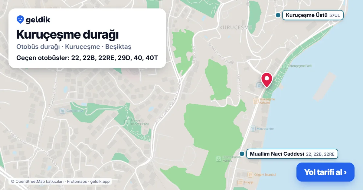 Kuruçeşme otobüs durağı haritada: konumu ve yakındaki duraklar