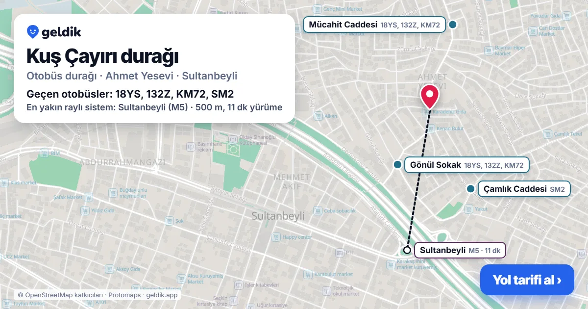 Kuş Çayırı otobüs durağı haritada: konumu ve yakındaki duraklar