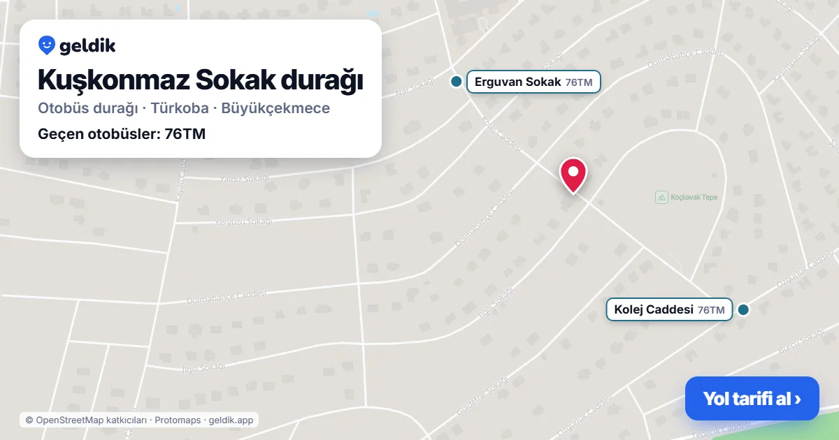 Kuşkonmaz Sokak otobüs durağı haritada: konumu ve yakındaki duraklar