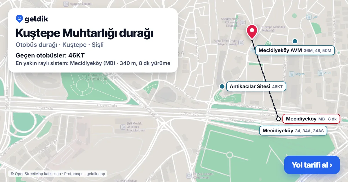 Kuştepe Muhtarlığı otobüs durağı haritada: konumu ve yakındaki duraklar
