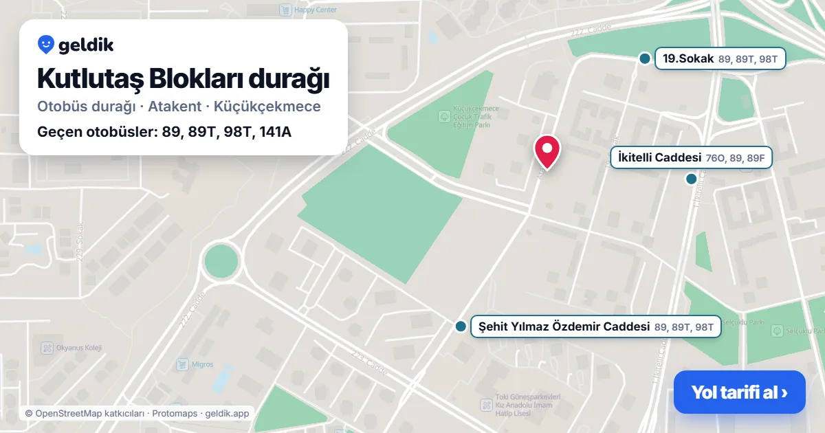 Kutlutaş Blokları otobüs durağı haritada: konumu ve yakındaki duraklar