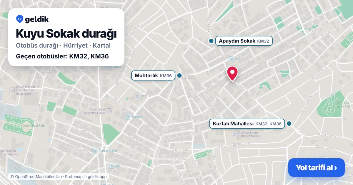 Kuyu Sokak otobüs durağı haritada: konumu ve yakındaki duraklar