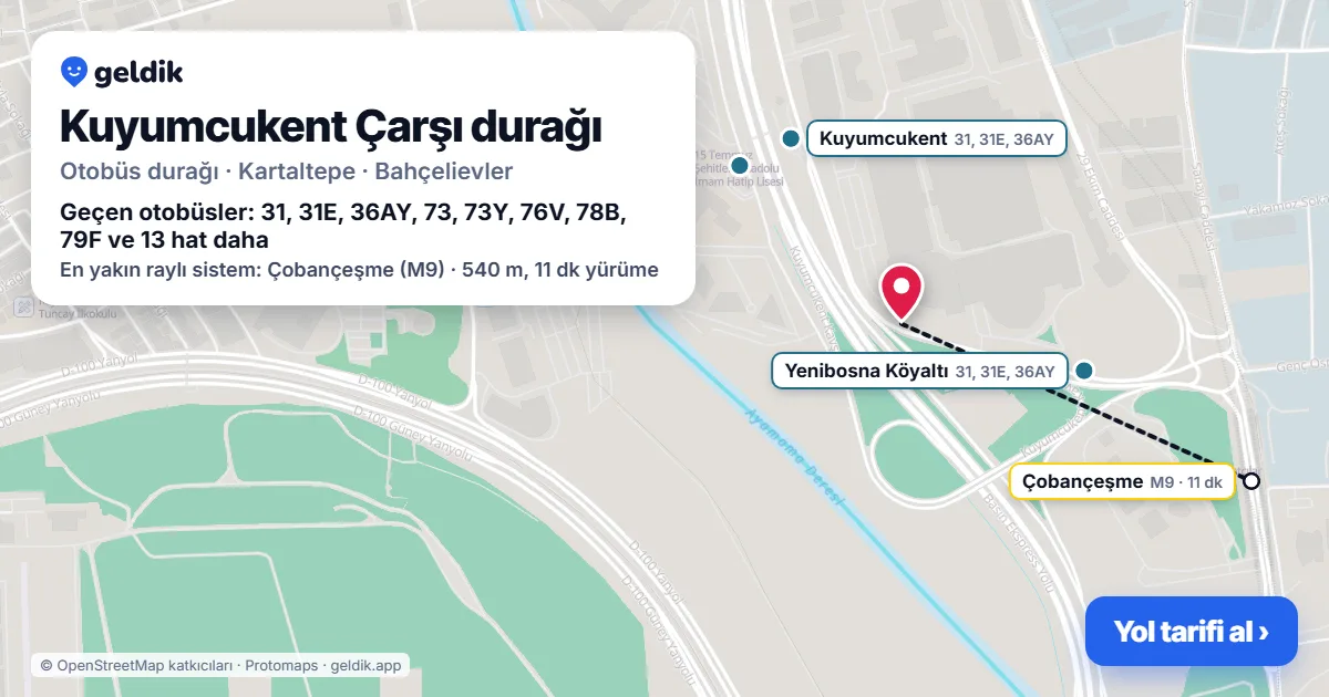 Kuyumcukent Çarşı otobüs durağı haritada: konumu ve yakındaki duraklar