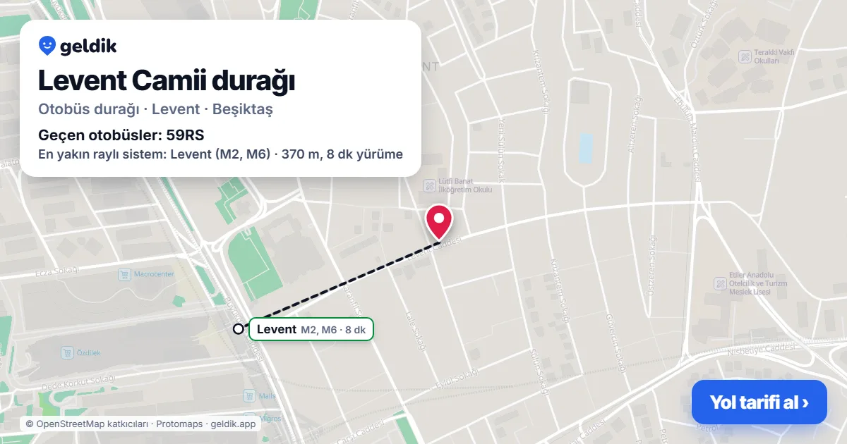 Levent Camii otobüs durağı haritada: konumu ve yakındaki duraklar