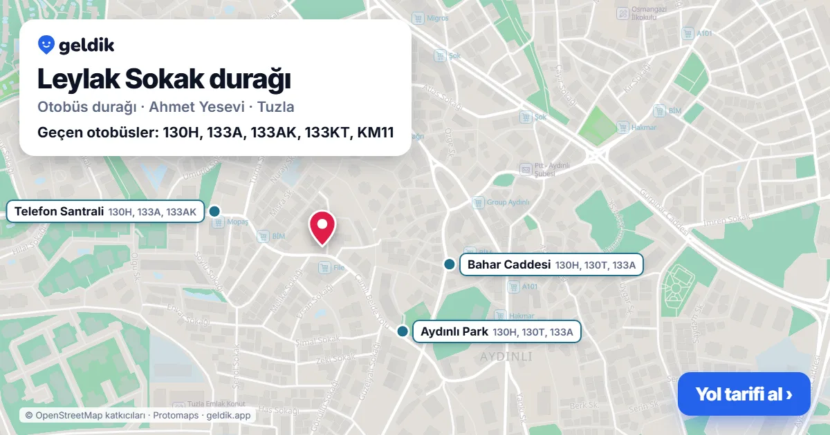 Leylak Sokak otobüs durağı haritada: konumu ve yakındaki duraklar