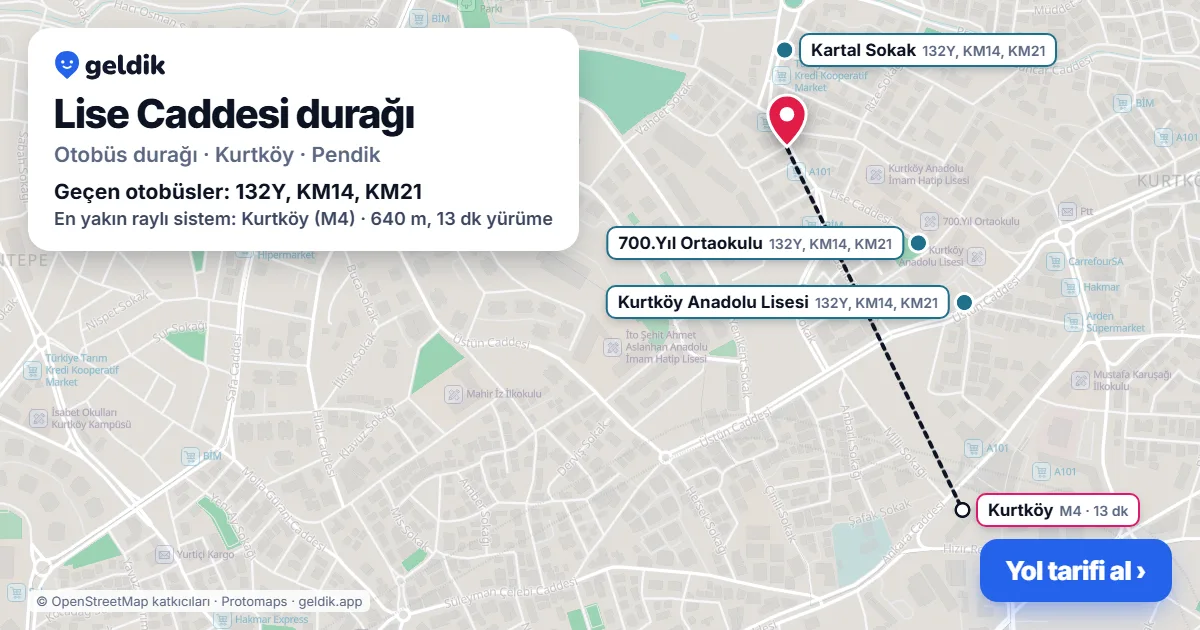 Lise Caddesi otobüs durağı haritada: konumu ve yakındaki duraklar