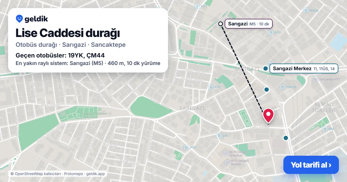 Lise Caddesi otobüs durağı haritada: konumu ve yakındaki duraklar
