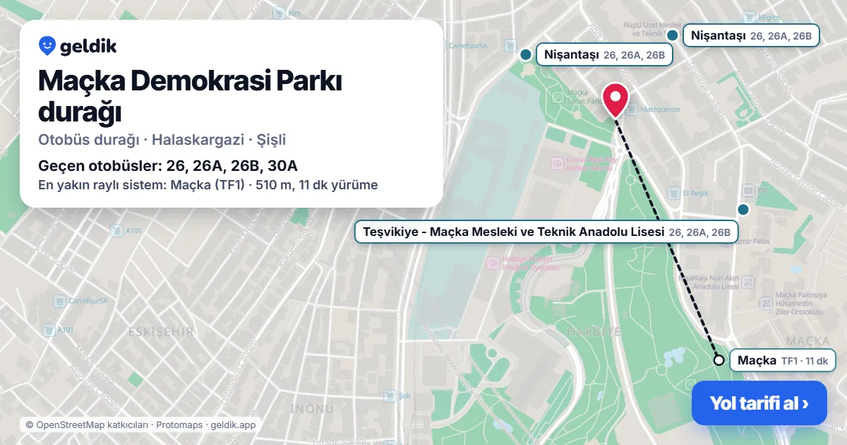 Maçka Demokrasi Parkı otobüs durağı haritada: konumu ve yakındaki duraklar