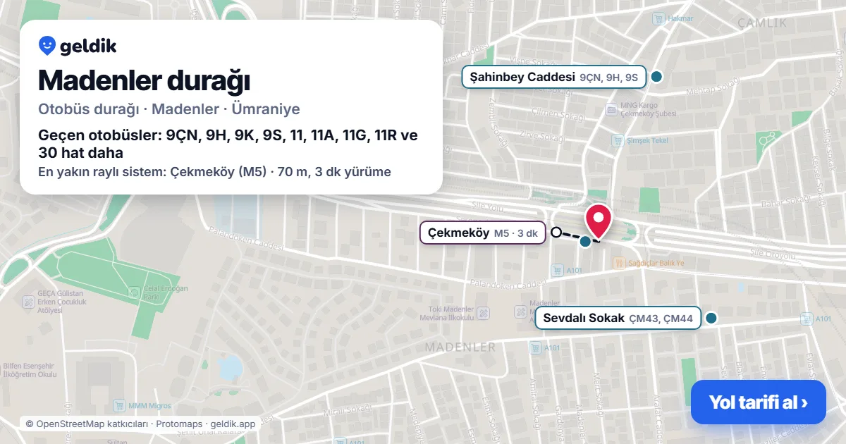 Madenler otobüs durağı haritada: konumu ve yakındaki duraklar