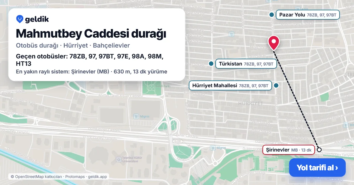 Mahmutbey Caddesi otobüs durağı haritada: konumu ve yakındaki duraklar