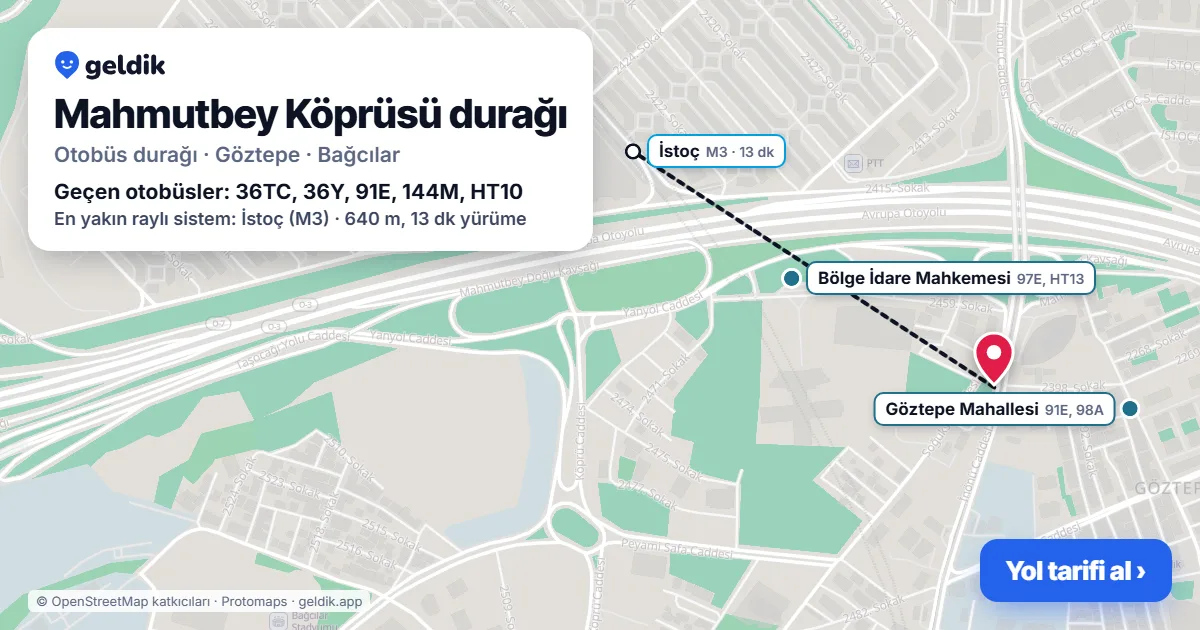Mahmutbey Köprüsü otobüs durağı haritada: konumu ve yakındaki duraklar