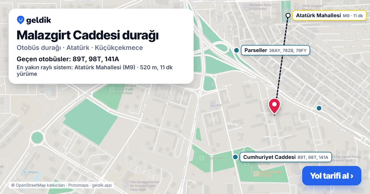 Malazgirt Caddesi otobüs durağı haritada: konumu ve yakındaki duraklar