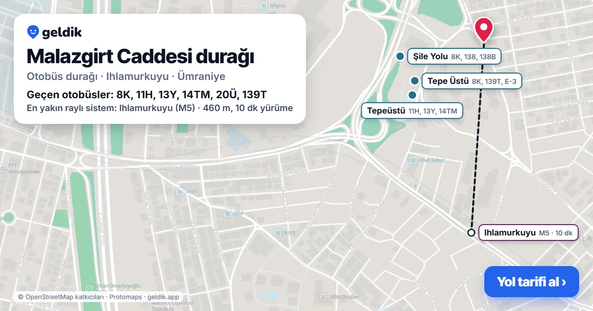 Malazgirt Caddesi otobüs durağı haritada: konumu ve yakındaki duraklar