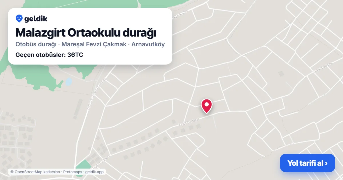 Malazgirt Ortaokulu otobüs durağı haritada: konumu ve yakındaki duraklar