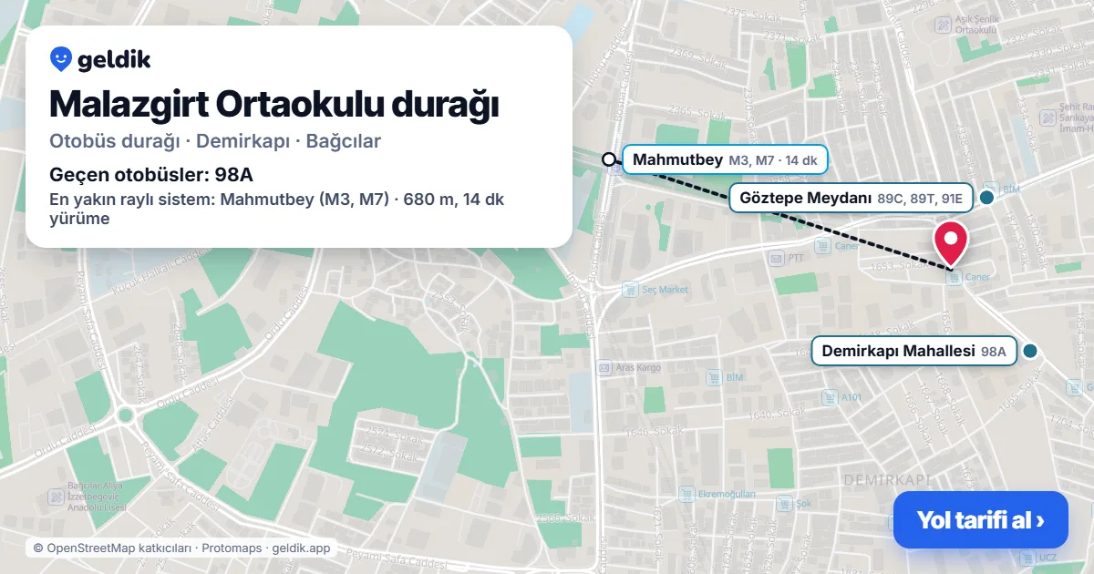 Malazgirt Ortaokulu otobüs durağı haritada: konumu ve yakındaki duraklar