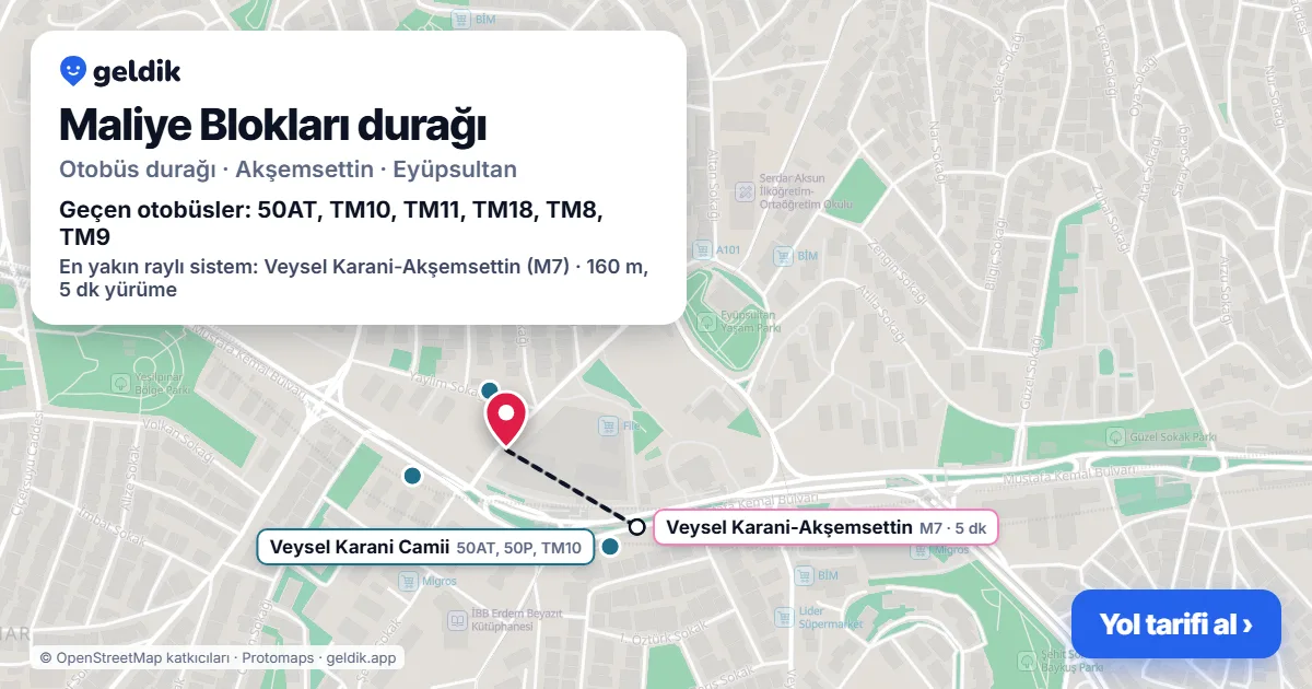 Maliye Blokları otobüs durağı haritada: konumu ve yakındaki duraklar
