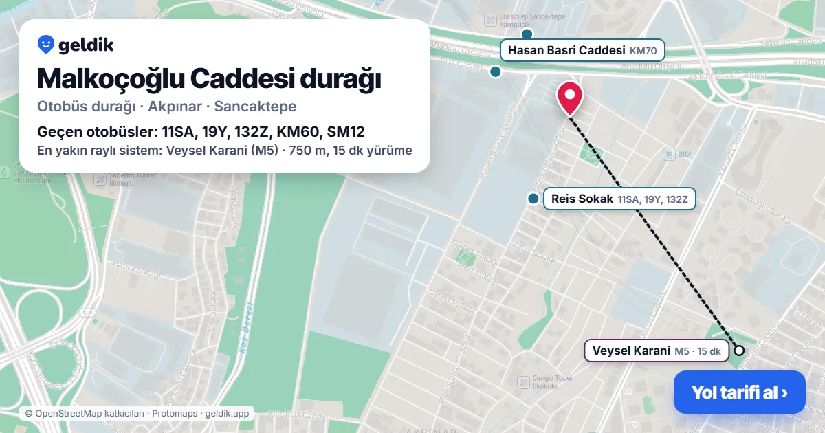 Malkoçoğlu Caddesi otobüs durağı haritada: konumu ve yakındaki duraklar