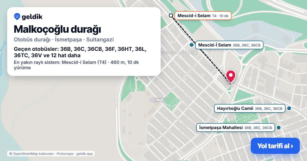 Malkoçoğlu otobüs durağı haritada: konumu ve yakındaki duraklar