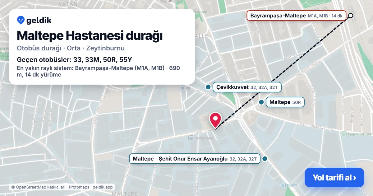 Maltepe Hastanesi otobüs durağı haritada: konumu ve yakındaki duraklar