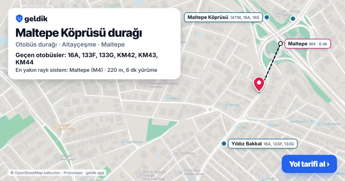 Maltepe Köprüsü otobüs durağı haritada: konumu ve yakındaki duraklar