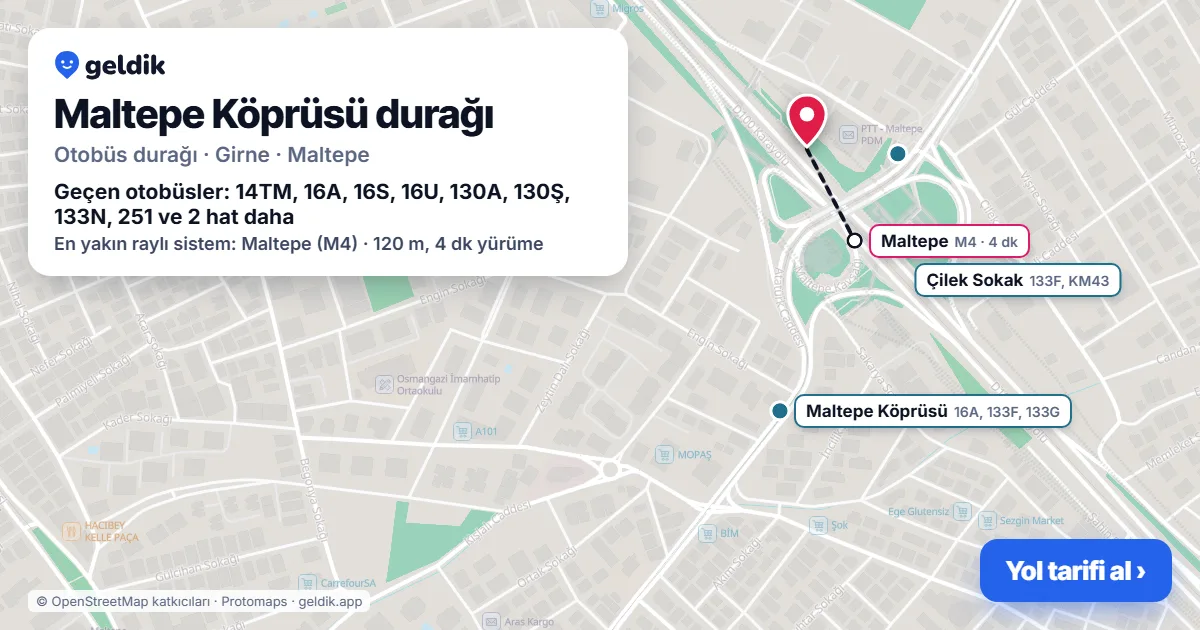 Maltepe Köprüsü otobüs durağı haritada: konumu ve yakındaki duraklar