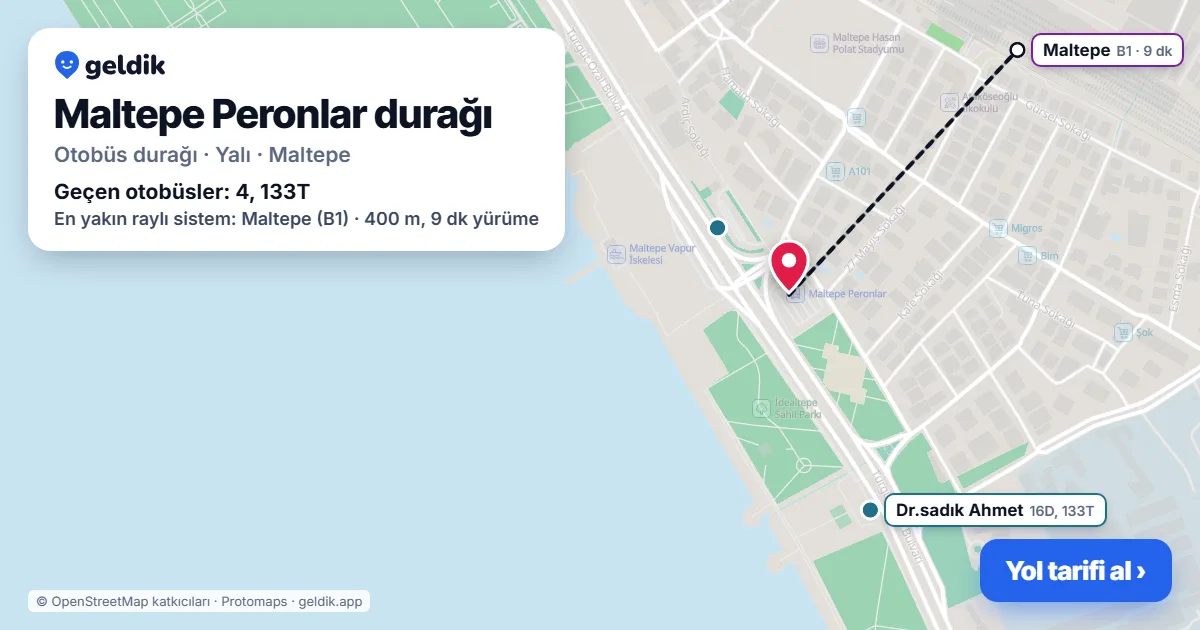 Maltepe Peronlar otobüs durağı haritada: konumu ve yakındaki duraklar