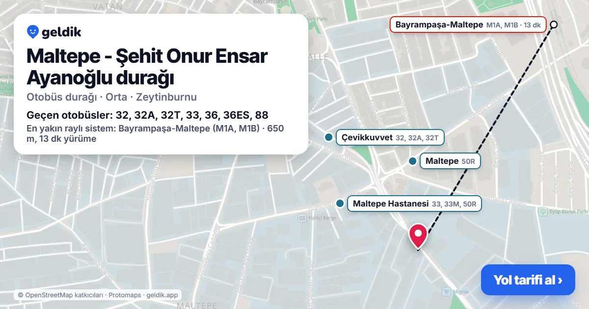 Maltepe - Şehit Onur Ensar Ayanoğlu otobüs durağı haritada: konumu ve yakındaki duraklar