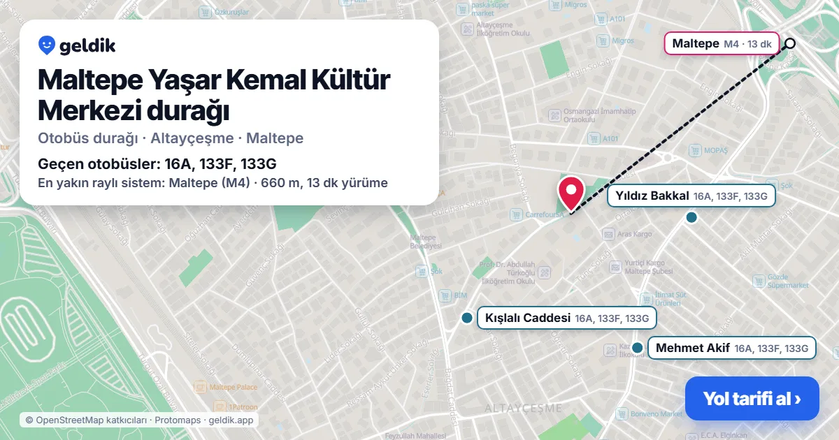 Maltepe Yaşar Kemal Kültür Merkezi otobüs durağı haritada: konumu ve yakındaki duraklar