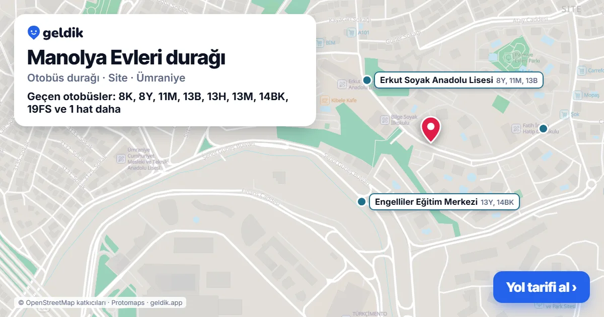 Manolya Evleri otobüs durağı haritada: konumu ve yakındaki duraklar