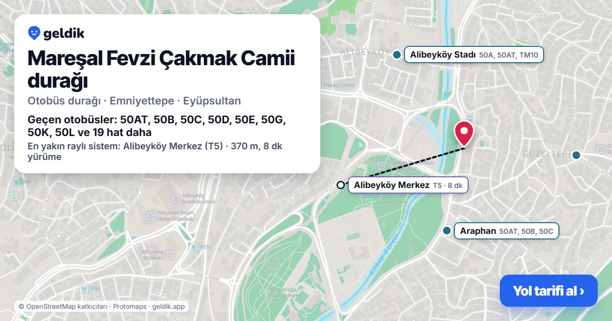 Mareşal Fevzi Çakmak Camii otobüs durağı haritada: konumu ve yakındaki duraklar
