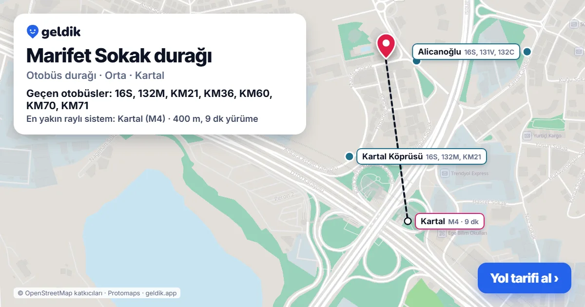 Marifet Sokak otobüs durağı haritada: konumu ve yakındaki duraklar