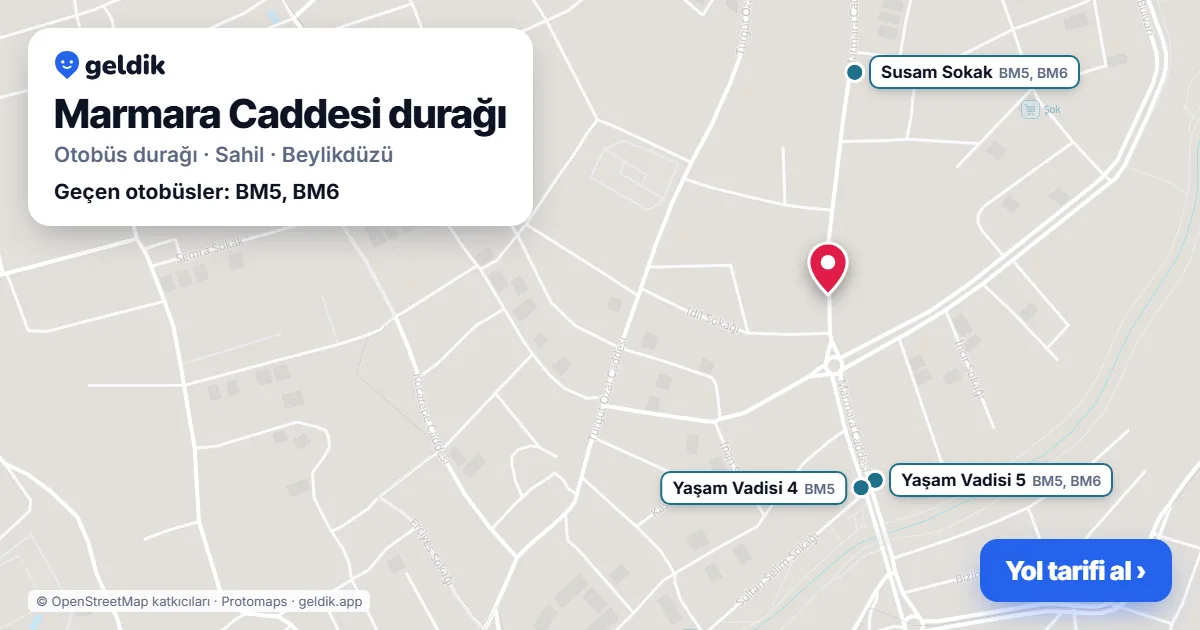 Marmara Caddesi otobüs durağı haritada: konumu ve yakındaki duraklar