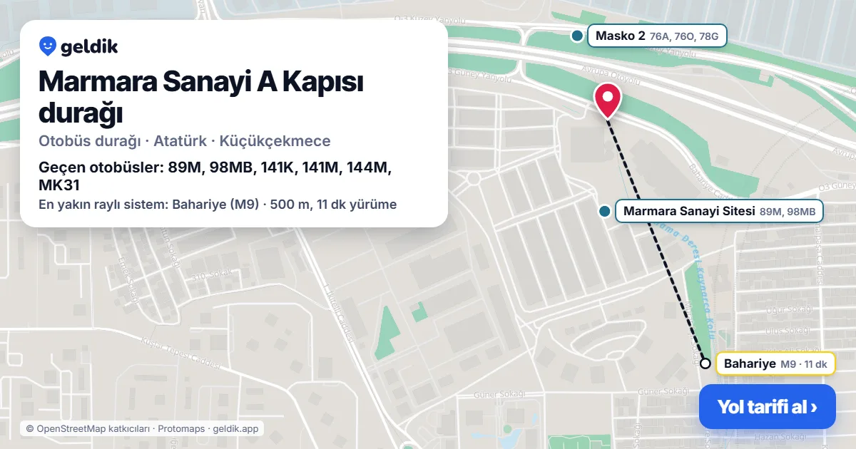 Marmara Sanayi A Kapısı otobüs durağı haritada: konumu ve yakındaki duraklar