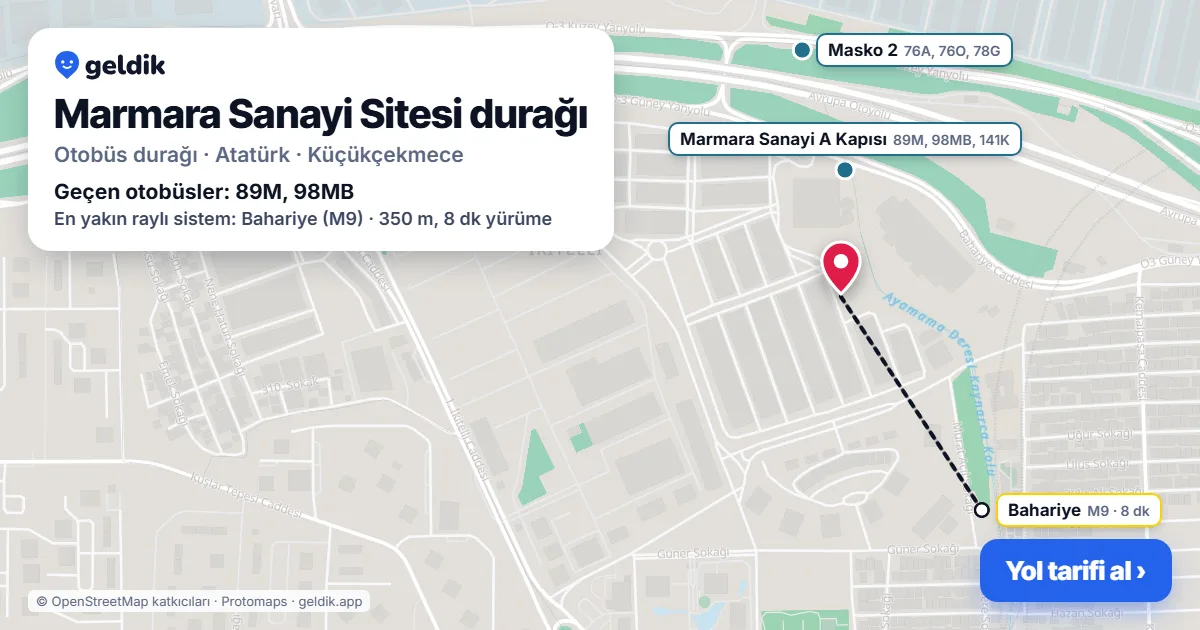 Marmara Sanayi Sitesi otobüs durağı haritada: konumu ve yakındaki duraklar